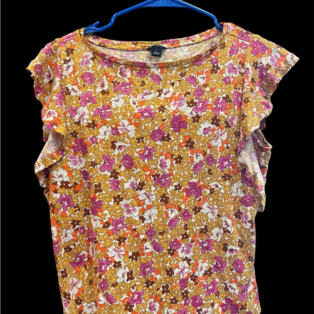 Ann Taylor Floral Ruffle Sleeve Tank - Pink, Mustard, White